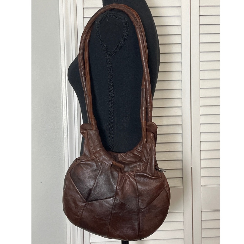 Vintage Brown Patchwork Genuine Leather Hobo Shoulder Bag Made in Mexico Round